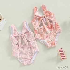 Tvådelar Småbarn Infant Baby Girls Summer Söta badkläder ärmlös blommor/skal tryck ihålig baddräkt bikini kläder