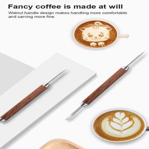 Kaffekonstnålar Kaffe latde konstnål fast träkonst med krok rostfritt stål nål för att rita kaffekopp skum P230509