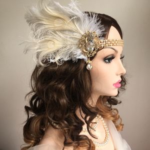 Headbands Women Vintage Feather Headband White Metal Chain 1920s Vintage Gatsby Party Headpiece For Party Carnival Accessories 230506