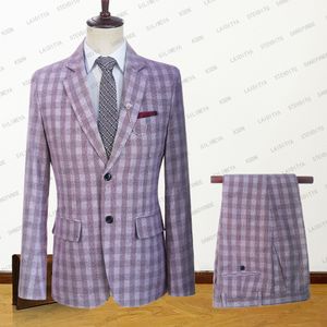 Men's Suits Blazers Summer Men Linen Suits Slim Fit Red White Reto Classic Plaid Casual Business Formal Tuxedo Wedding 2 Pcs SetJacketPants 230509