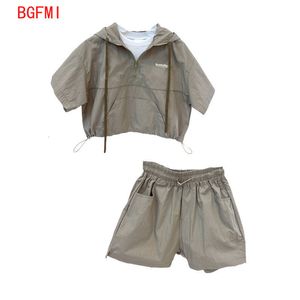 Sets Suits Kids Children Clothing Summer clothes Baby Boy Suit Short sleeved fake two piece hoodie shorts 2 pcs set With drawstring 230508
