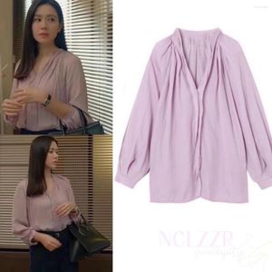 Women's Blouses K- SonYeJin 2023 Spring Vintage Elegant Women Chiffon Casual Long Sleeve Blusas Lady V-neck Solid Shirts Female Tops