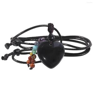 Pendant Necklaces Black Obsidian Heart Shape Healing Necklace 7 Chakra Stone Beads Tassel Adjustable Wax Rope Charm Women Jewelry