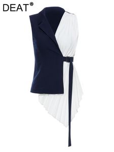 Parkas DEAT Fashion Women's Vest Vneck Slim Panelled Color Patchwork Pleated Irregular Belt Lace Up Waist Top Spring 2023 New 7YZ721