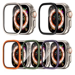 Aluminium-Stoßfängergehäuse für Apple Watch Series 8, integrierte gehärtete Glasfolie, Ultra-Displayschutzhülle, 49 mm schützende Gesichtsabdeckung, intelligente Zubehör-Bildschirmfolien