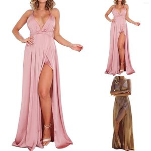 Casual Dresses Summer Prom Dress Women Sexig Elegant Maxi V-ringning Axless Split Party Boho Solid Beach Kvinna Vestidos