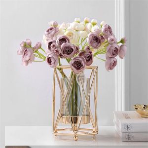 Dekorativa föremål Figurer Floral Flower Arrangement Golden Vase Nordic Plant Holder Plated Alloy Glass Vases Desk Decoration Iron Line Metal Flowers Pot 230508