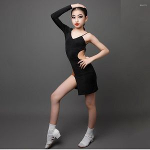 Stage Wear 2023 Kids Girls Latin Dance Dress Vestido Sexy Bolas Balroom Desempenho de Dança One ombro Design Slip H9323