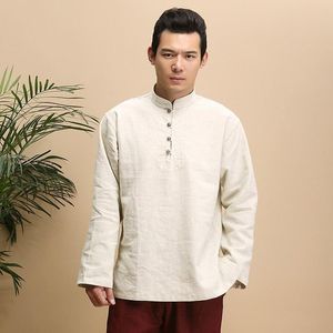 Camisas casuais masculinas em estilo chinês camisa de camisa de linho melhorada colarinho de manga comprida top top masculino de roupas