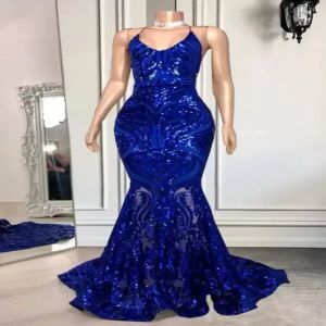 Blue Halter Royal paljetter Mermaid Prom Dresses Sparkling Backless Criss Cross Sweep Train Formell Evening Party Gowns Real Image New BC12950