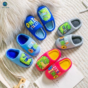 Slipper Winter Fuzzy Slippers Cartoon Dinosaur Dinosaur quente Flipers peludos grossos meninos meninos crianças casa sapatos internos não deslizam crianças Miaoyoung 230509