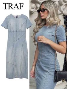 Party Dresses TRAF Woman Denim Summer Zip Slit Jean Short Sleeve Long Women Streetwear Female 230508