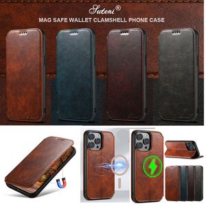 Custodia in pelle con cavalletto di ricarica wireless per iPhone 14 Plus 12 13 Pro Max Portafoglio con slot per schede con bobina magnetica