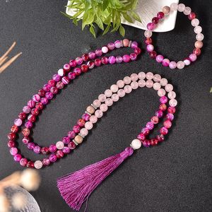 Pendant Necklaces 8mm Rhodochrosite Rose Quartz Agate Beaded 108 Japamala Necklace Meditation Yoga Healing Tibetan Jewelry Bracelet Tassel Sets 230509