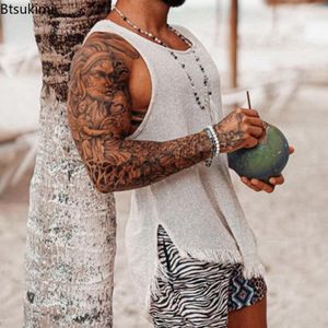 Mens Tank Tops Summer Vintage Ripped Knitted Slit Design Vest Shirt Sleeveless ONeck Pullover Top Gym Clothing 3XL 230509