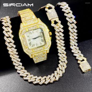 Chains Hip Hop 14MM Prong Cuban Link Chain Necklace Watch Bracelet Set Iced Out Paved Rhinestones Rapper Jewelry For Men