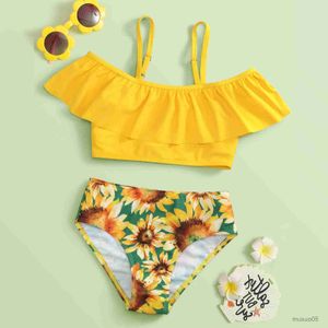 Zweiteiliges Kinder-Mädchen-Sonnenblumendruck-Bikini-Set Rüschen-Badebekleidung Säuglings-Bikini-Sommerstück-Mädchen-Badeanzug-Set