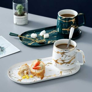 Coffee Tea Tools European Luxury Coffee Cup Plate Set Ceramic Breakfast Tray With Spoon Gold Deposit Marble Afternoon Tea Mug Kitchen Drinking P230508 P230509