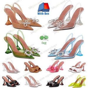 Med Box Amina Muaddi Sandals Designer Heels Begum Bow Crystal-embelled Buckle Pointed Toesl Sunflower Dhgate Sandal Summer PVC Wine Cup High Heels Shoes