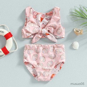Tvådelar bit barn flickor baddräkter baddräkt blommigt tryck bikini set ärmlös bowknot tecknad tryck barn spädbarn badkläder