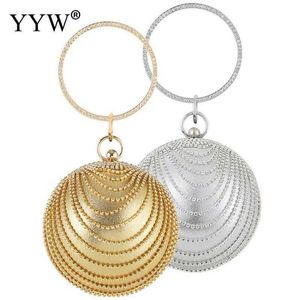 Kvällspåsar Cirkulär ringmetall Guld/SLIVER RHINESTONE ROUND BALL HANDBAGS ELEGANT LUXURY CLUTCH PURSE LITA BREAD PALLETER 230427