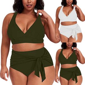 Women's Plus Size Swimwear 2023 Womens Swimwear High Waist Bikini Solid Color Plus Size Big Breast Swimsuit Strappy Bather Swimming Wear Bathing Suit Z0508