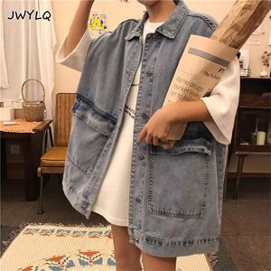 Couro bf oversized denim colete jaquetas grande bolso mulher estilo coreano todos os jogos vintag sem mangas baggy jean casacos outono moda topos