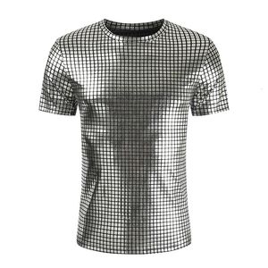 Men's T-Shirts Fashion Plaid Coated Metallic T Shirt Men Brand Slim Short Sleeve T-shirts Men DJ Nightclub Stage Singer Prom Costume Homme 230509