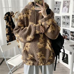 Erkek hoodies kuzu yün kazak kadın kış sokak moda çifti giymek ayı ceket gevşek sıcak artı kadife kalın başlık