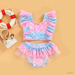 İki parçalı yeni yürümeye başlayan bebek kızlar mayo bikini set sevimli buz baskısı fırfırlı mayo çocuklar çocuk örgü mayo