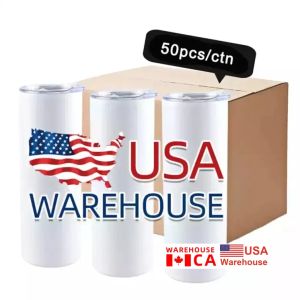 CA US Warehouse sublimação em branco Tumblers 20 onças de aço inoxidável canecas retas copos brancos com tampas e garrafas de caneca de transferência de calor de palha G0509