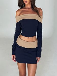 Two Piece Dress Women Casual 2 Pieces Set Long Sleeve Slash Neck Off Sholder Tops Slim Bodycon Mini Skirts Outfits Streetwear Y2K Daily 230509