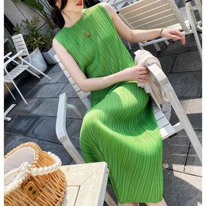 Casual Dresses Summer Miyake Pleats Classic Basic Straight Sleeveless Vest Dress Fold Versatile Fashion Western-style Bottom Skirt 8 Colors