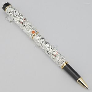 Jinhao Business Rollerball Pen Silver Small Double Dragon Playing Pearl Metal Carving Embossing Heavy For Office & School