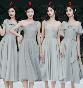 Mix Styke One-shoulder Tea-length Bridesmaid Dress Chiffon Ruffles Party Prom Homecoming Dresses Lace-up Back