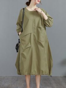 Casual Dresses Autumn Women Overized Cotton Dress Women Casual Long Sleeve Ladies Dresses With Pockets Woman Midi Dress Robe Femme Vestidos 230509