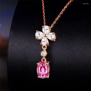 Pendanthalsband Fyra-löv klöver Temperament Pink Created-Tourmaline Gem Necklace Rose Gold Plated for Women smycken