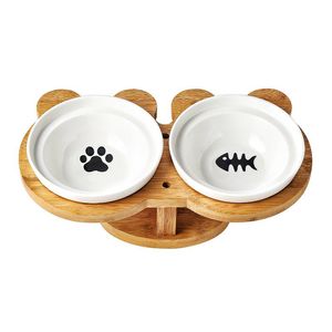 Кормление Новая керамическая миска для кошек из амбуа, товары для домашних животных, двойные миски, миска для еды, воды, защита позвоночника, наклонная кормушка для домашних животных с высокими ножками
