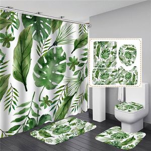 Cortinas verdes plantas tropicais folhas impressas cortina de chuveiro conjunto com tampa de vaso sanitário antiderrapante tapete à prova d'água tela de banho decoração de casa