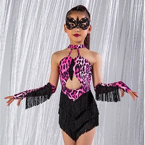Scene Wear Girls Latin Dance Clothes Pink Leopard Fringe Dress Performance Suit Kids Cha Rumba Samba Costume DNV17619