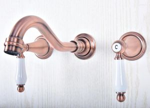 Bathroom Sink Faucets Antique Red Copper Brass Widespread Wall-Mounted Tub 3 Holes Dual Ceramic Handles Faucet Mixer Tap Asf507