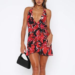 Vestidos casuais 2023 vestido feminino sexy de verão estampa floral pescoço de feriado sem férias
