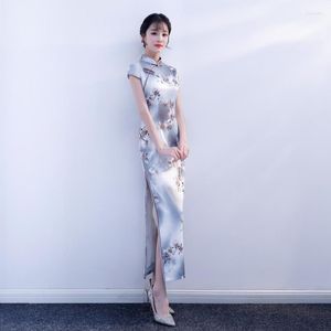 エスニック服シェンココダブルレイヤー8ボタン半袖長いチョンサム中国の伝統ドレス女性ウォークショーオリエンタルドレス