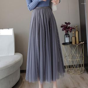 Spódnice cekiny siatkowe spódnica kobiet wiosna jesienna midi damska 2023 Koreańska moda elastyczna wysoka talia A-line długie plisowane