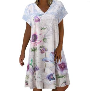 Vestidos casuais femininos verão estampado com decote em V vestido feminino praia manga curta ajuste uma camisa flare com bolsos