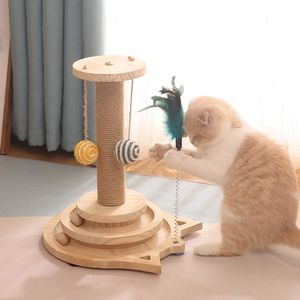 Brinquedos para animais de estimação brinquedo interativo gato coçar post duas camadas turntable bolas de madeira engraçado seguro para gatinho filhote de cachorro jogando exercício