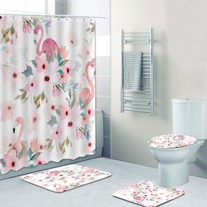 Cortinas elegantes aquarela flamingo cortinas de chuveiro conjunto de cortina de banheiro elegante tropical flamingo pintura cortinas de banho decoração de tapetes