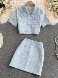 Two Piece Dress Summer Fashion Tweed 2 Set For Women Korean Single Breasted Tassle Short Sleeve Tops And High Waist Bodycon Mini Skirt 230509