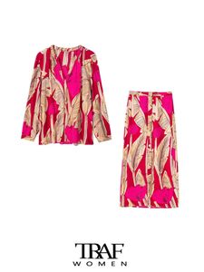 Двух кусочков платье Traf Women Fashion Floral Print Рубашки и высокая талия передние кнопки юбки женские наборы Mujer 230509