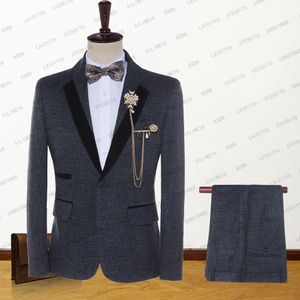 Mäns kostymer blazers mäns högkvalitativa affärsblå svart tweed sammet trimmad bröllop brudgum klänning tvådelar dräkt man tuxedosjacket byxor 230509